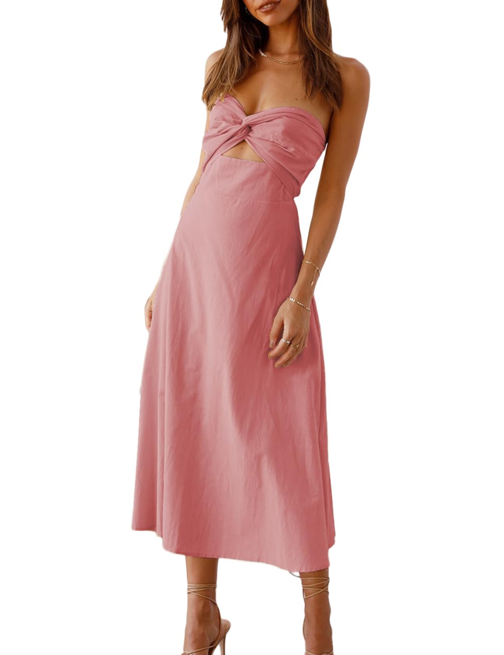 Sexy Twist Front Strapless Sweetheart Neckline Midi Dresses for Women Smocked Cutout Tube Linen Dress Wedding Guest