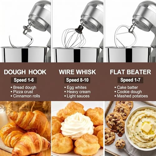 Image of 6in1 Stand Mixer with 6.5 Quart Bowl, 660W 10+p Speeds Kitchen Food Mixer Tilt-Head Bread Dough and Cake Mixers for Home Daily (Sliver)