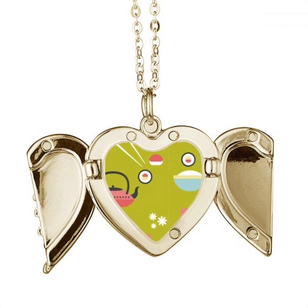 no/noRice Teapot Cup Sushi Japan Folded Wings Peach Heart Pendant Necklace