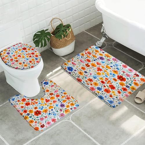 3pcs Colorful Wildflower Bathroom Sets with Non-Slip Rugs,Toilet Lid Cover and Bath Mat,Funky Trendy Boho Rainbow Floral Plant Leaves Spring Garden Girls Bathroom Carpet Bath Mat Toilet Rugs image 3