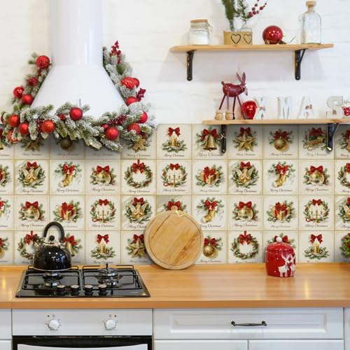 Baldosas Adhesivas Campana De Navidad Dorada Suelo Vinilo Autoadhesivo Vinilo Impermeables Panel Revestimiento Ducha para Baño Cocina Gabinete Muebles Decoración Azulejos Adhesivos 15x15cm /24 Piezas