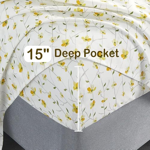 Image of Softan King Sheet Set Yellow Floral Bed Sheets Printed Sheets - 4 Piece Soft Microfiber Patterned Fitted Sheets King with 15 inch Deep Pocket and Corner Straps, Cute Yellow Flower Sheets & Pillowcase Set