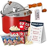 Original Whirley Pop Starter Pack - Wabash Valley Farms Popcorn Kit, Whirley Pop Popcorn Maker With 3 Movie Theater Popcorn Kits and 4 Movie Night Face Tubs, Gourmet Popcorn Gift Sets (Metal Gear-Red)