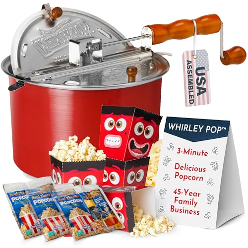 Original Whirley Pop Starter Pack - Wabash Valley Farms Popcorn Kit, Whirley Pop Popcorn Maker With 3 Movie Theater Popcorn Kits and 4 Movie Night Face Tubs, Gourmet Popcorn Gift Sets (Metal Gear-Red)