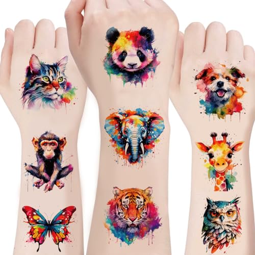 100PCS Watercolor Animals Temporary Tattoo for kids - Temporary for Girls Boy Body Arm Shoulder Tattoos Stickers, Birthday Party Decoration Supplies Gifts for Kids (Watercolor animals)