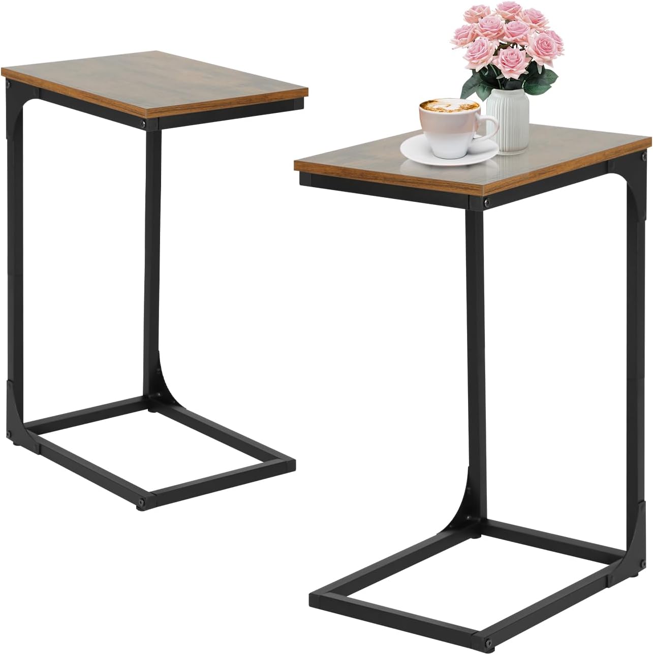 Set of 2 Modern C-Design Adjustable Sofa Side Table,Small Side Table for Couch,Sturdy Metal Frame Coffee Table for Bed and Couch,Scratch Resistant Surface Home Office Table,(Brown)