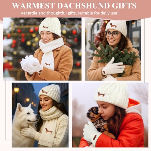 Geyoga Damen Mütze Schal Handschuhe Set Dackel Geschenke Hundeliebhaber Geschenke für Damen Handschuhe Warmer Langer Schal Weiche Strick Dackel Mütze Dachshund Geschenke für Kaltes Wetter(Weiß)