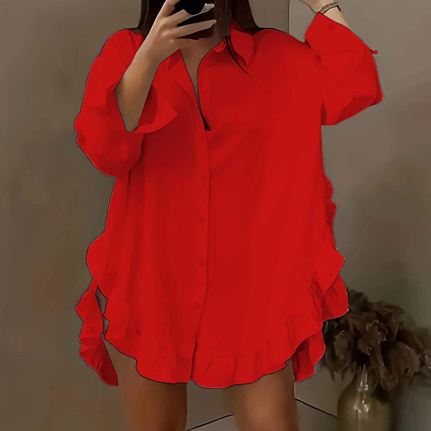 Women's White Casual Shirt Dress Collar V Neck Button Down Loose 3/4 Sleeve Tops - Image 2