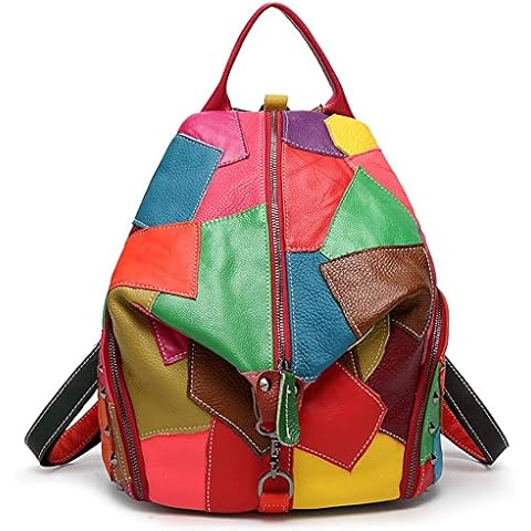 Downupdown Genuine Leather Backpack Contrasting Multicolor Splicing Backpack Fashion Large Capacity Travel Backpack- Multicolor Cover