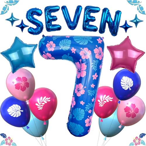 Blue Alien Birthday Decorations 40 Inch Number Balloon Set 7 with Letter Balloons Star Foil Balloons and Printed Latex Balloons for Kids Cartoon Tropical Party Decor