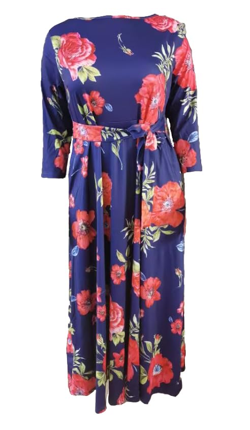 Image of Hostoyo Women Plus Size Formal A Line Maxi Dress Self Tie Waist with Pockets Elegant Round Neck Swing Long Dresses