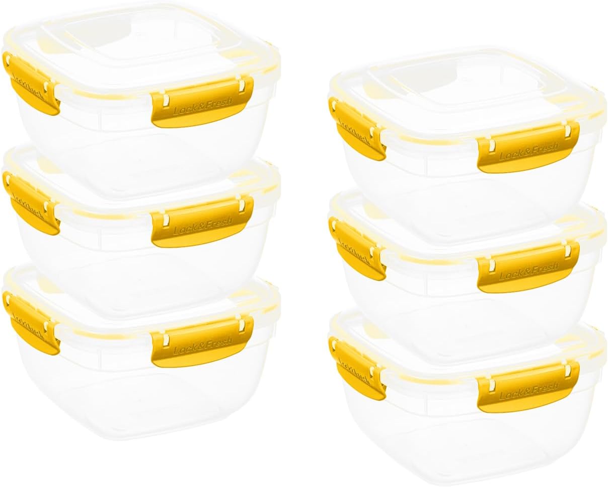 Superio Plastic Food Storage Containers with Airtight Lids, 6 Pack- 48 Oz, BPA Free, Leakproof, Stackable, Microwave, Dishwasher, Freezer Safe, Yellow