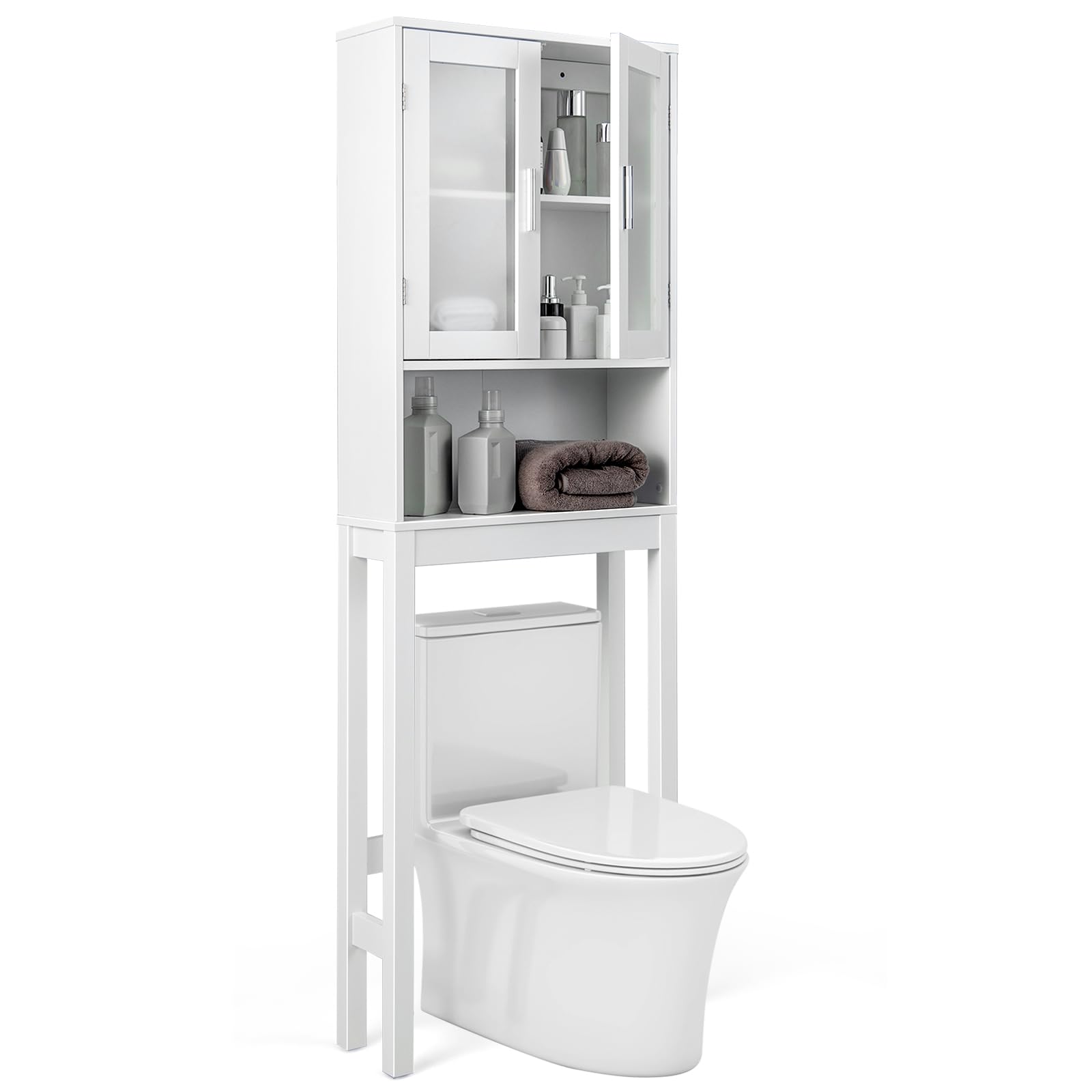 GOPLUS Armario de Almacenamiento sobre el Inodoro, Organizador de Baño con Puerta de Vidrio Templado Doble, Estante Ajustable, Estante Abierto, 170 cm