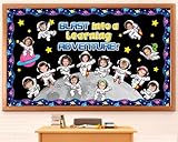 Juego de 77 tableros de anuncios de astronauta del espacio exterior, diseño de aventura de aprendizaje, decoración de aula, planeta, galaxia, astronauta, recortes de papel para el regreso a la