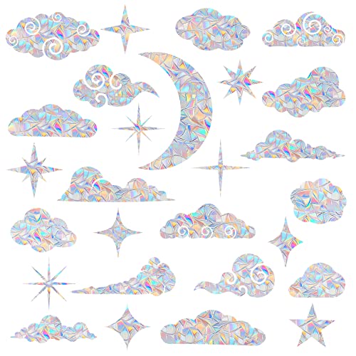 Areawa WC-23010 26 Pieces Cloud And Star Window Clings - Anti-Collision Window Decals To Save Birds From Window Collisions,Non Adhesive Prismatic Vinyl Window Clings, Rainbow Stickers cover