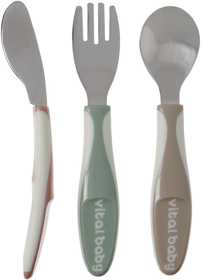 Vital Baby Big Kid Toddler Knife, Fork and Spoon Set, Rounded Tips, Soft Grip Handles, EarthSmart Biodegradable, Safe Self-Feeding, BPA-Free, 3 Pack
