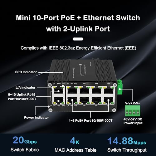 Image of Industrial Hardened 10 Port Gigabit Ethernet PoE Switch, 8-Port 802.3at PoE+, 2 Uplink Ethernet Din Rail Switch, 20Gbps Switch Fabric, PoE Budget 240W for IP Camera,IP Phone,Wireless AP
