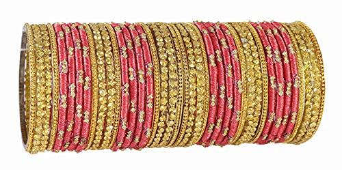 Image of NMII Watermelon Color Silk Thread & Glass Bangles Set For Girls & Women (Watermelon,2.2)