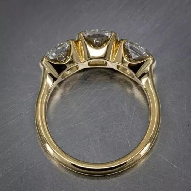 AARK & CO 3.00Ct Cushion Cut Lab Created Diamond Half Bezel Set Woman's Three Stone Wedding Ring 14K Yellow Gold Finish3