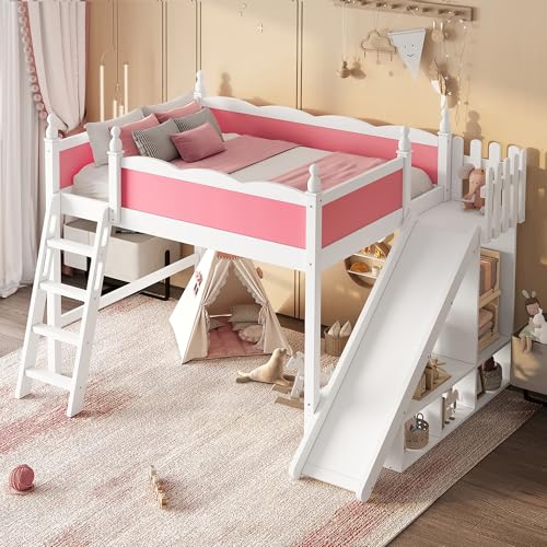Image of Full Size Loft Bed with Storage Shelves, Cabinet & Detachable Slide and Ladders, Solid Wood Kids Loft Bed for Space-Saving, Playful & Organized Bedroom (Light White+Pink2, Full)