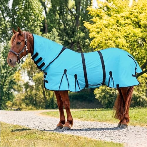 Image of Horse Fly Sheet with Attached Neck Cover & Tail Flap | UV Protection Mesh Horse Blanket, Full Body Bug & Sun Shield, Buckles, Belly Wrap & Gussets for Spring Summer Riding Rug (Turquoise, 82 inch)