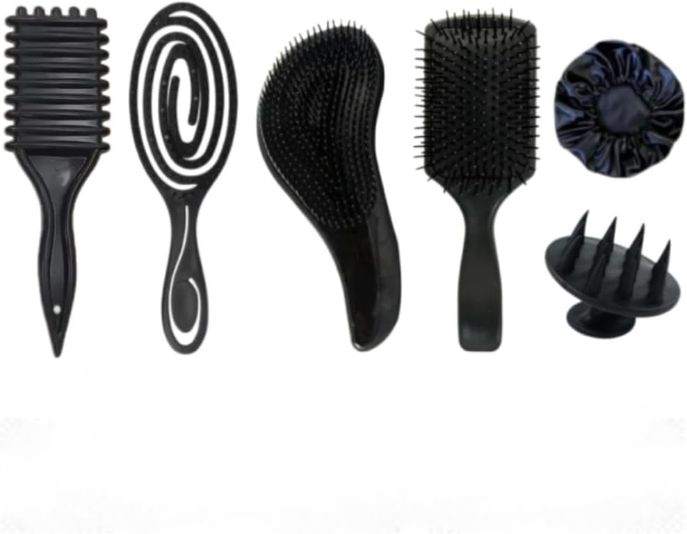 Kit Escovas Cabelo 6 Peças Flexível Raquete Desembaraçante (preto) | Kit 6 peças, escova flexível, desembaraço fácil, massagem capilar, touca de cetim, cuidados diários