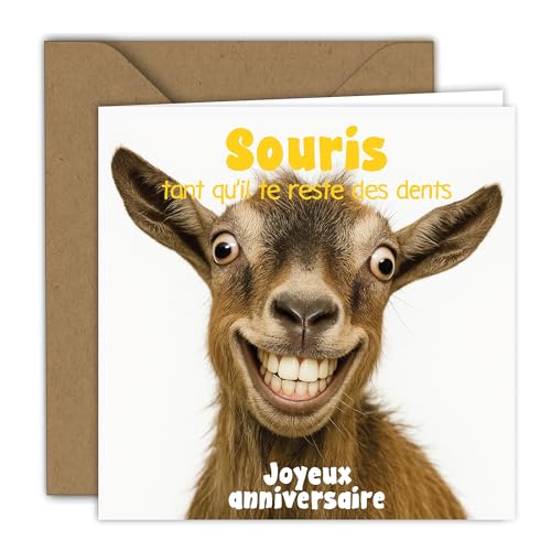 Edition Colibri Carte d'anniversaire - Illustration de chèvre souriante | Carte pliée (15x15 cm) – avec enveloppe kraft – Intérieur vierge
