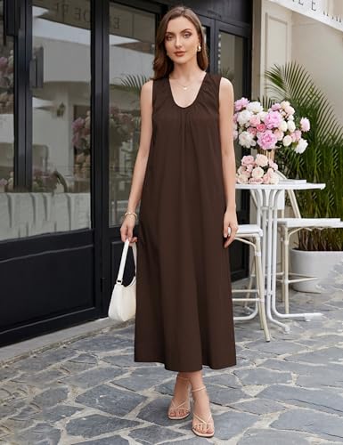 Image of Livtany Women's Scoop Neck Ruched Maxi Dress Flowy Swing Wide Straps Long Dress Casual Sleeveless Sundress with Side Pockets