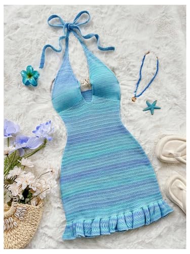 Image of GORGLITTER Women's Vacation Outfit Crochet Halter Knit Bubble Mini Dress Sexy Beach Cruise Summer Miami Resort Outfits