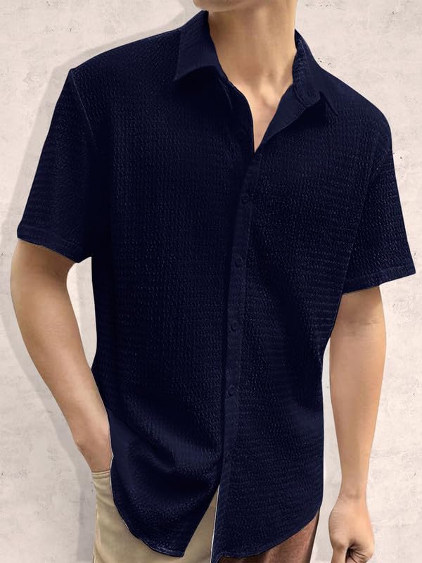 Image of Pinkmint Popcorn Shirt for Men Soild Slim Fit Sleeve Spread Collar Trendy Men Shirt Summer Wear Goa Wear Olive