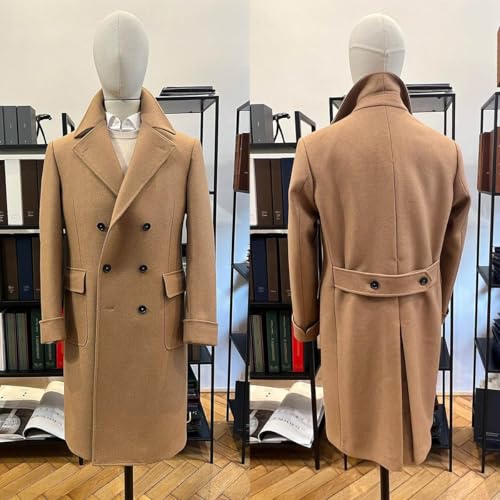 Men's Wool Blend Trench Coat Knee Length Double Breasted 2 Flap Pocket 3 Buttons Khaki4