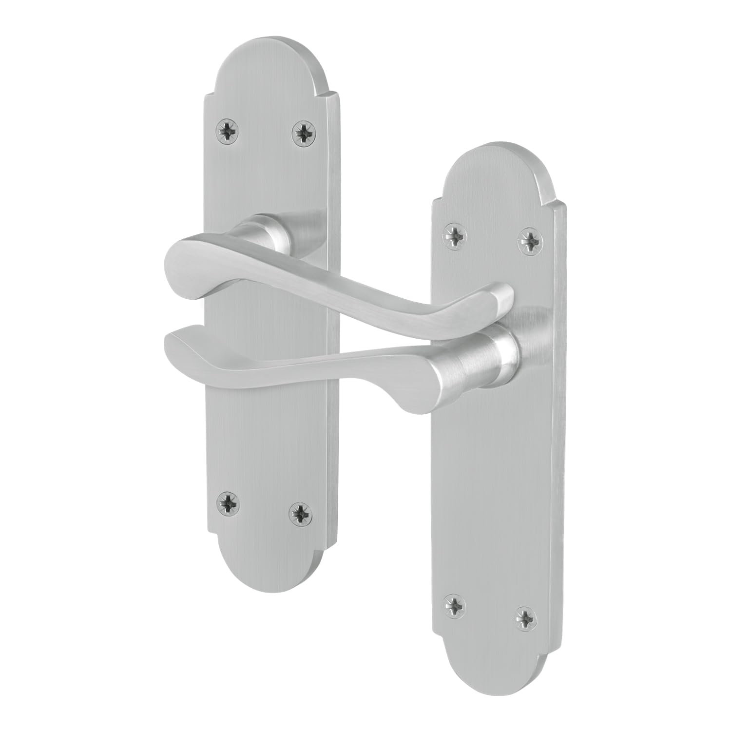 EAI Satin Door Handles Latch, 1 Pair of Internal Satin Chrome Victorian Scroll Shaped Backplate Handles