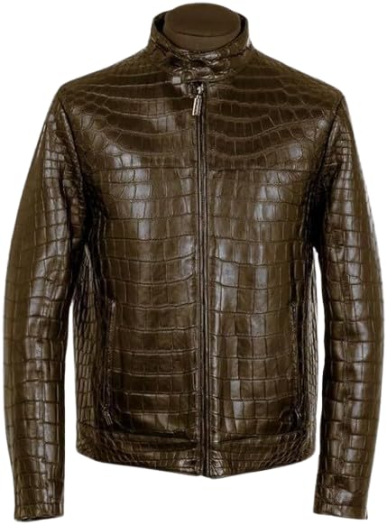 Men's Crocodile Print Embossed Genuine Leather Motorcycle Luxury Black Bomber Leather Jacket - Main Image