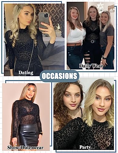 Image of Avidlove Womens Mesh Long Sleeve Bodysuit Round Neck Sheer Leotards Geo Print Bodysuit Top with Snap Crotch