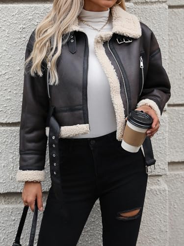 Winter Women Faux Lamb Fur Leather Jacket Warm Fur Lined Zipper Cropped Bomber Aviator Coat3