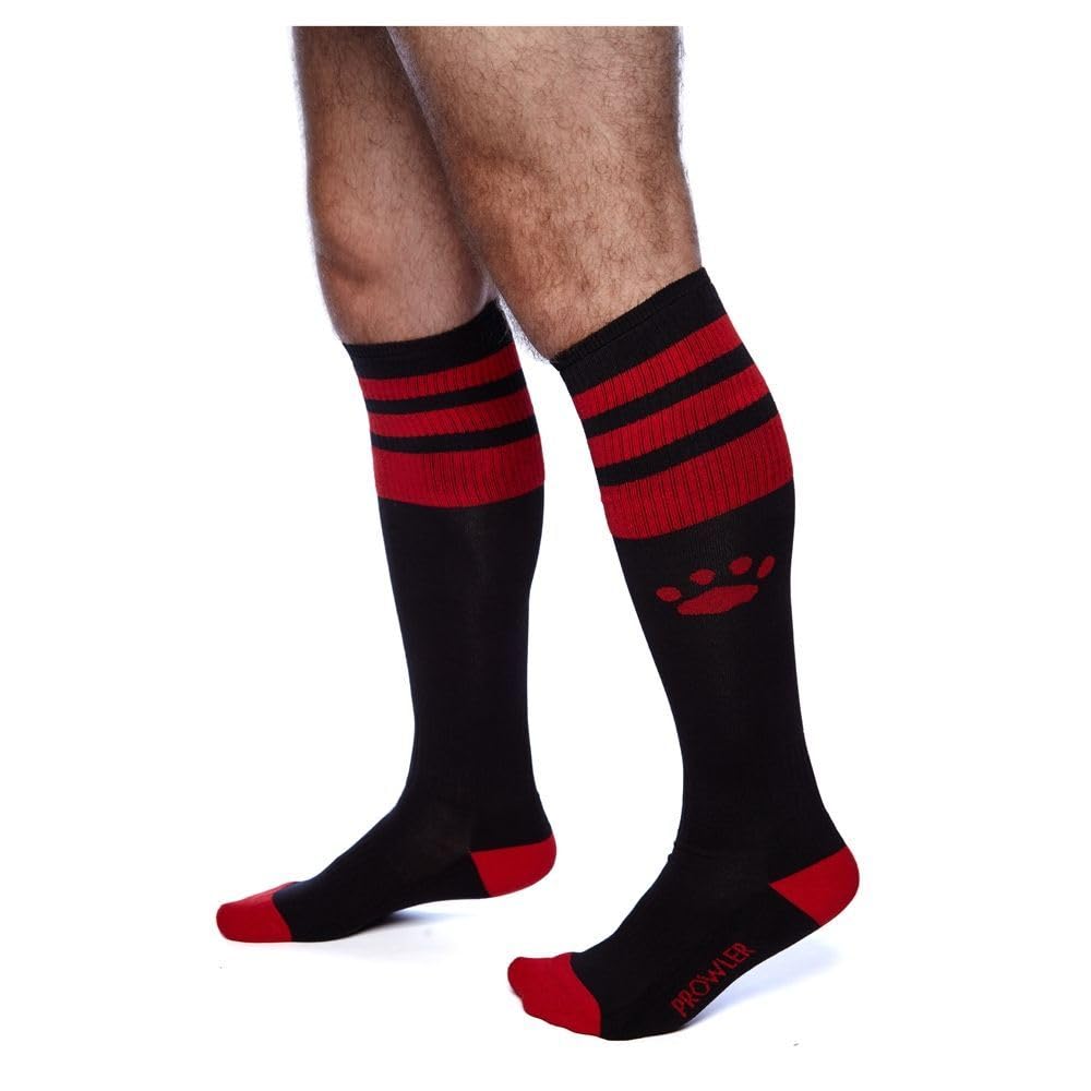 Prowler RED Football Socks Black/Red – Knee High Pride Socks for Men | Sporty Fetish Inspired Socks with Stripes Paw Print Logo