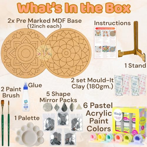 Image of ImagiVibe DIY Lippan Art Kit for Kids and Adults | 2 Pre-Marked 12 Inch MDF Boards with Stand | Indian Folk Art Craft Kit with Clay Mirrors and 6 Non-Toxic Pastel Acrylic Paint Colors | Wall Decor DIY Gift Kit (12inch Pastel Colors)