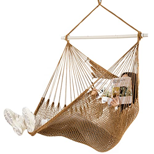 Hblife Hammock Chair Max 330 Lbs Hanging Chair With Portable Metal Rod Handwoven Cotton Rope Hammock Swing For Bedroom Coffee, Large #TOP10