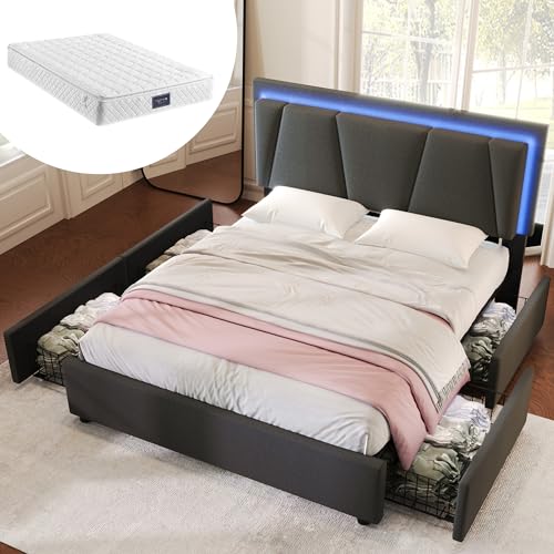 DHWDS Cama tapizada de 140 x 200 cm, con colchón e iluminación LED, cama doble con 4 cajones, espacio de almacenamiento hidráulico y cabecero ajustable, incluye somier, color gris