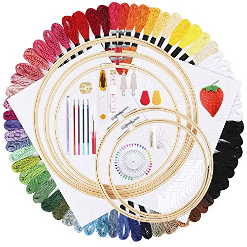 Peirich Full Range of Embroidery Starter Kit, Including 5 Pieces Bamboo Embroidery Hoops, 50 Color Threads, 2 Pieces Aida Cloth, Floss Bobbins and Cross Stitch Tool Kit for Beginners