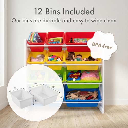 Image of Humble Crew Toy Storage Organizer with 12 Removable Storage Bins for Kids Playroom, 4-Tier Toddler Toy Organization, White /Primary
