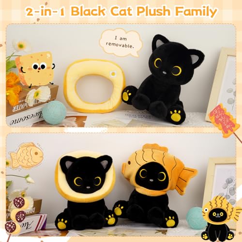 Image of Black Cat Plush - 8inches Cat Stuffed Animal with Toast Bread | Removable Hood, Cute Plushie Soft Kitten Doll Toy for Kids Boys Girls, Birthday Gifts