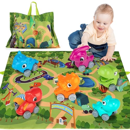 Image of ALASOU 6 PCS Dinosaur Car Toys with Playmat/Storage Bag|Baby Toys for 1 2 3 Year Old Boy|1 2 Year Old Boy Birthday Gift for Infant Toddlers|First Birthday Gifts for Toddler Toys Age 1-2