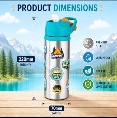 Image of Stainless Steel 600ML Sipper Water Bottle for kids & adults | Leakproof BPA Free School Water Bottle | Camping Adventure Print Steel Sipper Bottle (Pack of 1, Green)
