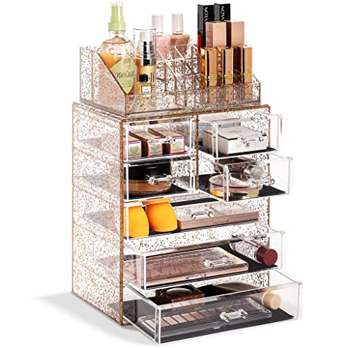 Sorbus Acrylic Makeup Organizer Set, 7-Drawer Vanity & Countertop Cosmetic Storage with Small & Wide Compartments, Glitter Makeup Storage for Brushes, Jewelry – Holiday Gift for Women & Teens