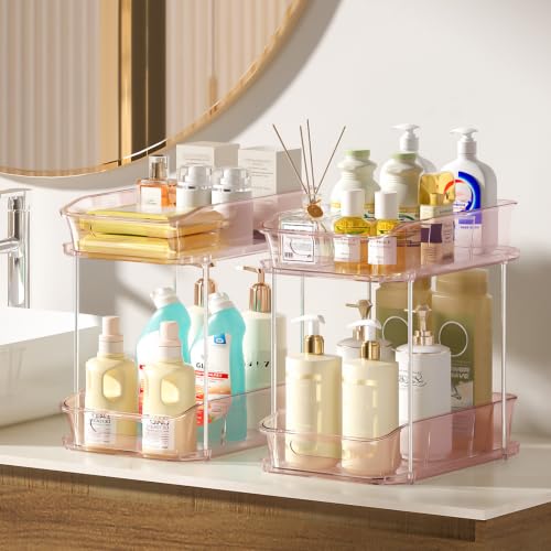 Image of Delamu 2-Tier Under Sink Organizers and Storage, Multi-Purpose Stackable Bathroom Cabinet organizers, Pull Out Kitchen Pantry Organization and Storage with Dividers(2 Pack, Pink)