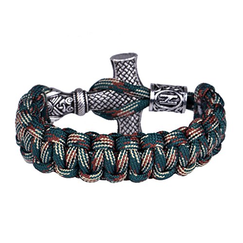 Lifashion Lf Mens Camo Green Survival Paracord Handmade Rope Norse Viking Wristband Thor's Hammer Charm Nordic Runic Bead Bracelet For Teens Adults For Outdoor Vacation Gift,8.85 Inch(22.5Cm) #TOP1