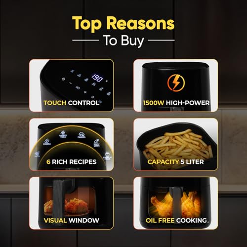 Image of Haier Air Fryer 5 Litre Digital Control | 1500 Watts Powerful Heating | See Through Window | 3D Hot Air Baking Technology | 6 Preset Recipes | Auto Shut Off | Black | 2 Year Warranty | HAF-D503B