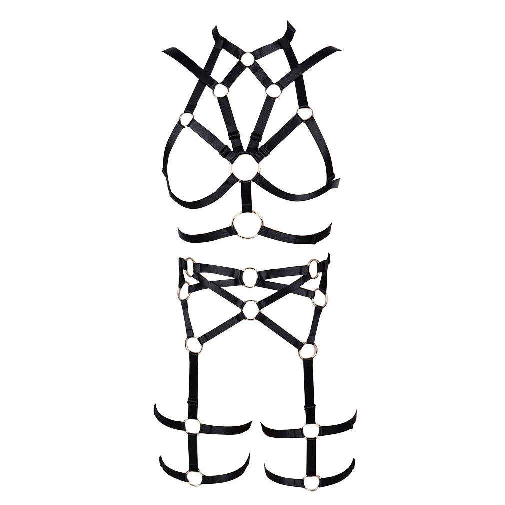 MAMOHSS Womens Full Body Harness Bras Strap Crop Tops Punk Gothic Garter Belts Lingerie Set Festival Rave Wear (Black)
