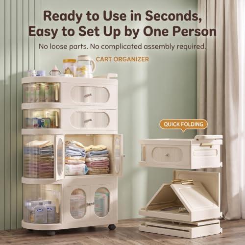 Image of StarAndDaisy Baby Storage Trolley with Wheels, 4-Tier Plastic Nursery Organizer with Drawers, Multipurpose Storage Rack for Baby Essentials, Diapers, Clothes, Toys (Off-White, Storage Cart)